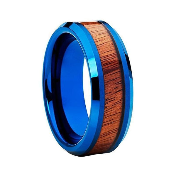 8mm Blue Flat Tungsten Ring with Turquoise Band and Wood Inlay Band - Innovato Store