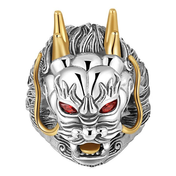 925 Sterling Silver Gold Plated Dragon Ring Adjustabe Size with Red Zirconia Eyes - Innovato Store