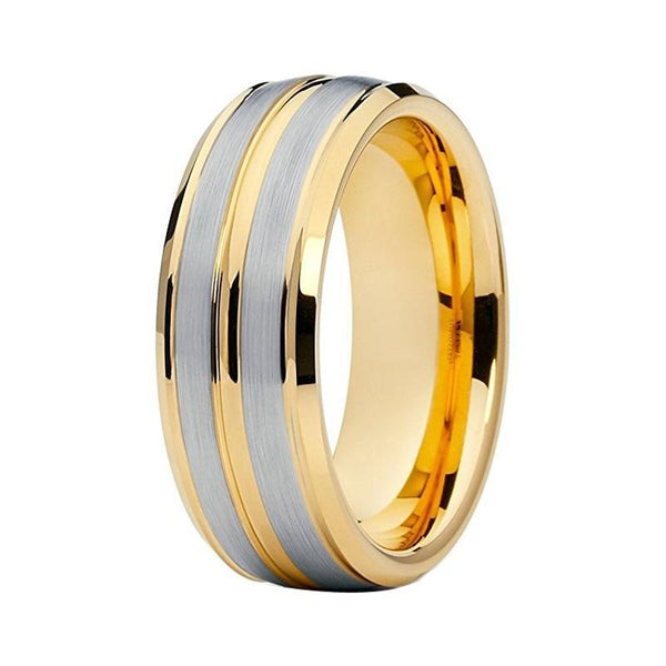 Unisex Silver Color Brushed Matte Center with Engraved Gold Coated Tungsten Stepped Ring