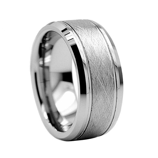 Pure Silver Coated Tungsten Metal with Brushed Matte and Beveled Polished Finish Ring