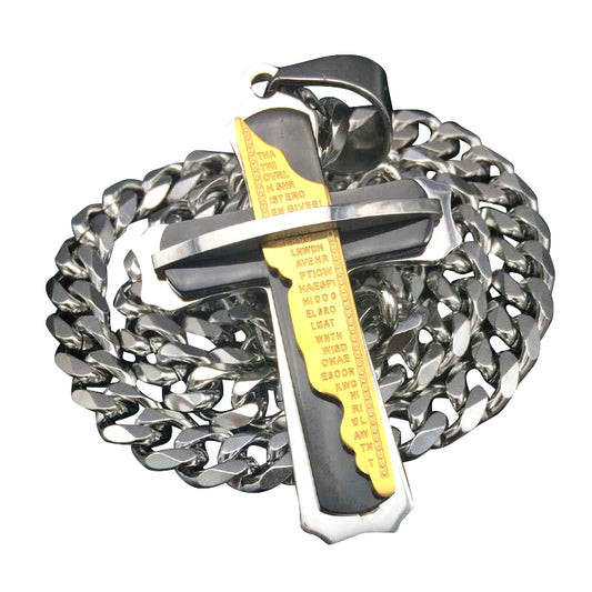 Three Tone Gold, Black & Silver Lord's Prayer Stainless Steel Cross Pendant Necklace