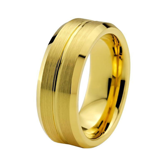 8mm Yellow Gold Plated Tungsten Carbide with Brushed Surface and Groove Wedding Ring - Innovato Store