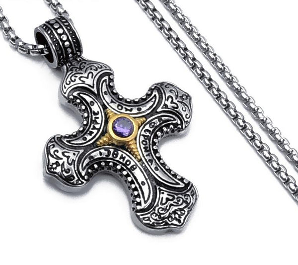 Silver Cross with Red or Purple Cubic Zirconia Pendant Necklace