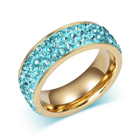 Gold Stainless Steel with Blue Inlay and Cubic Zirconia Crystals Ring - Innovato Store