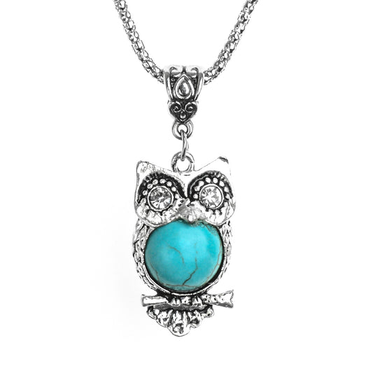 Blue Opal Stone and Rhinestone Owl Pendant Necklace Women’s Jewelry