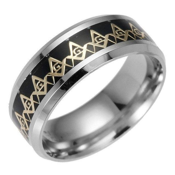 Silver Coated Stainless Steel with Black Carbon Fiber Inlay and Elegant Masonic Ring