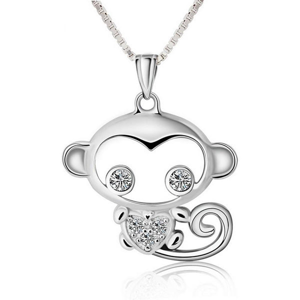 925 Sterling Silver Monkey with Cubic Zirconia Pendant Necklace Women’s Jewelry
