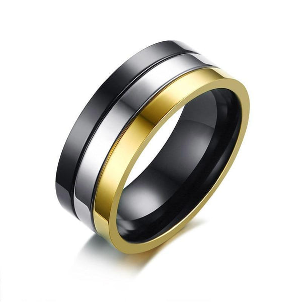 Three-In-One Black Silver Gold Plated Stainless Steel Ring