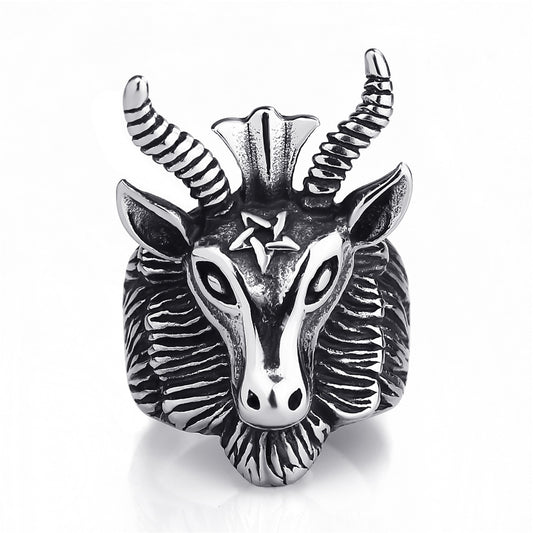 Stainless Steel Goats Head Horns Occult Men’s Ring