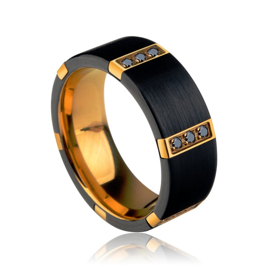Black Tone 8mm Tungsten Carbide Ring for Men with Gold Plated Inside and 18 Pieces of Black Cubic Zircons - Innovato Store