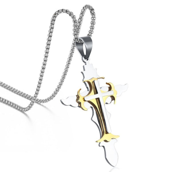 Multi-Layer Gold & Silver Cross Pendant Necklace