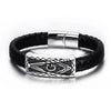 Stainless Steel Masonic Magnetic Genuine Black Leather Bracelet