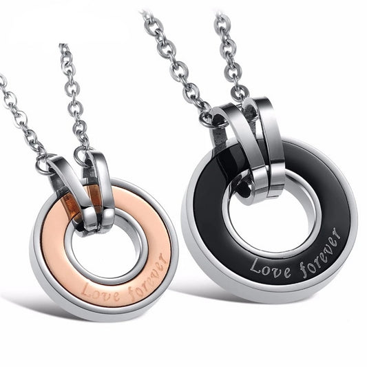 "Love Forever" Black and Rose Gold Couple Pendant Necklaces