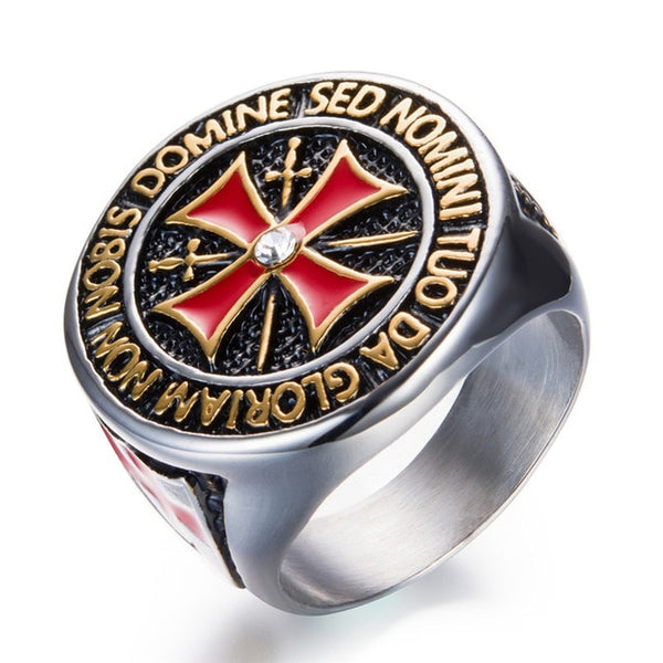 Antique Stainless Steel with Silver, Black and Red Tone Detailing Unisex Knight Templar Cross Wedding Band - Innovato Store