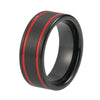 Two Red Groove Strip and Brushed Matte Black Tungsten Carbide Wedding Ring