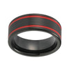 Two Red Groove Strip and Brushed Matte Black Tungsten Carbide Wedding Ring