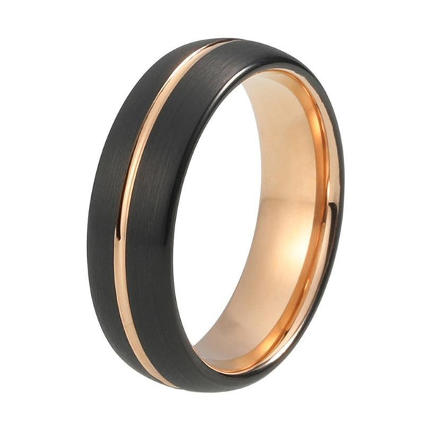 Black Brushed Tungsten Surface with and Rose Gold Plated Tungsten Grooved Wedding Band - Innovato Store