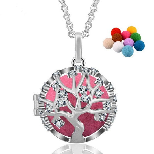 Tree of Life Rhinestone Crystal Aromatherapy Locket Pendant Necklace