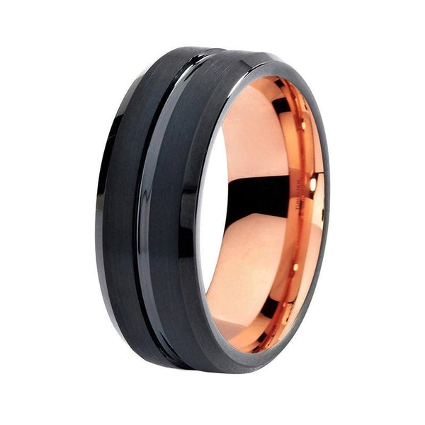 Unisex Two-Tone Black and Rose Colored Tungsten Carbide and Black Brushed Center