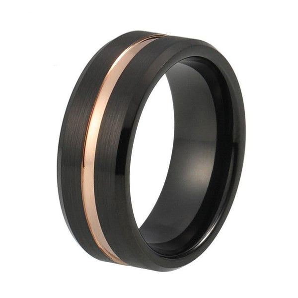 Black Brushed Tungsten Surface with and Rose Gold Plated Tungsten Grooved Wedding Band - Innovato Store