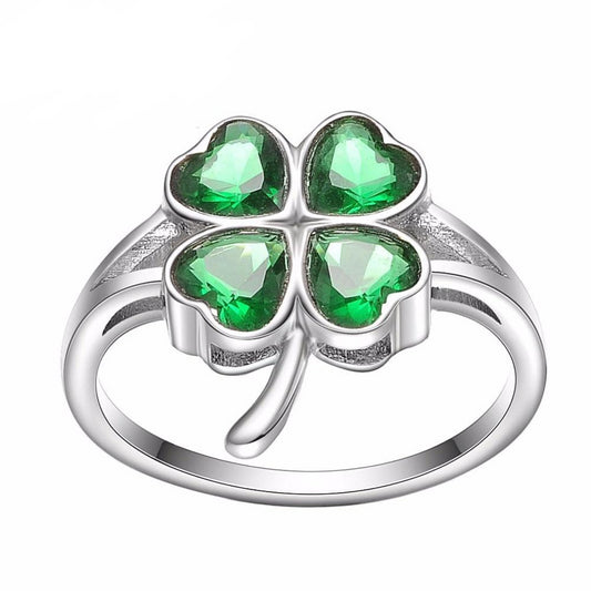 Lucky Four Leaf Clovers with Green Cubic Zirconia Engagement Ring