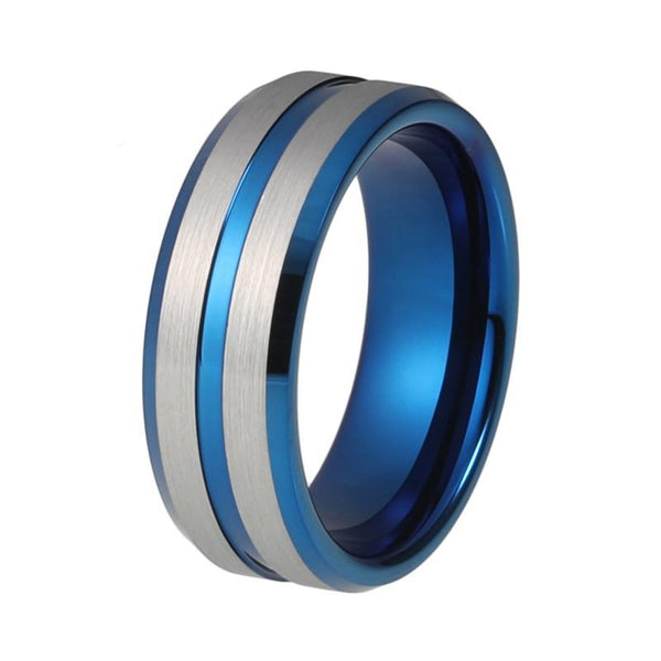 8mm Blue Tungsten with Blue Groove and Silver Brushed Surface Wedding Ring - Innovato Store