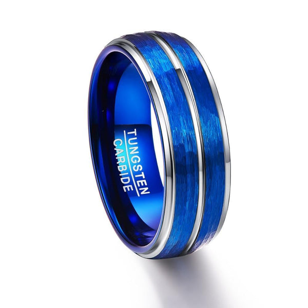 8mm Blue Brushed Matte Tungsten Carbide with Silver Insert Wedding Ring - Innovato Store