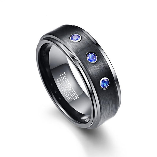 8mm Black Polished Tungsten Carbide Ring with Three CZ Stones - Innovato Store