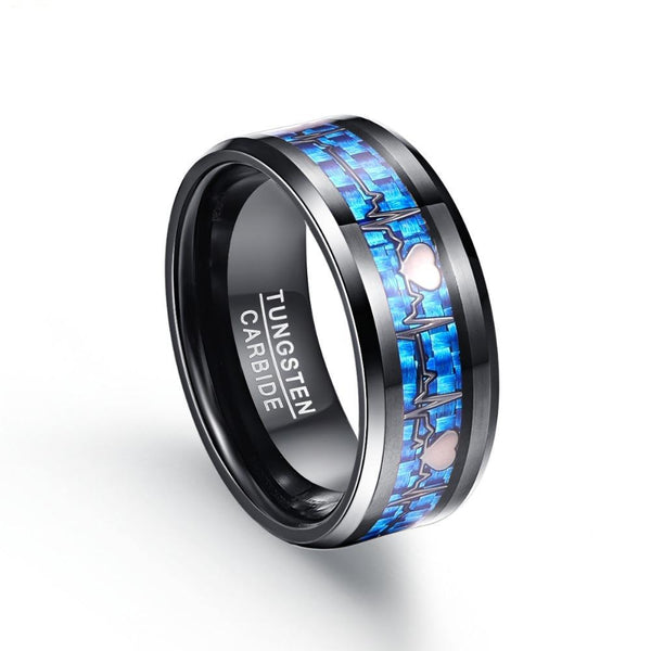 Tungsten Wedding Band with Silver Plated Heartbeat Pattern on Blue Carbon Fiber Inlay