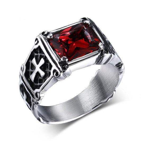 9mm Silver and Black Toned Stainless Steel with a Crimson Red Cubic Zirconia Christ Prayer Fashion Men’s Ring - Innovato Store