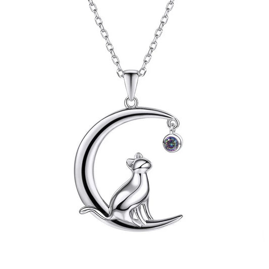 925 Sterling Silver Cat on Crescent Moon Rainbow Topaz Pendant Necklace