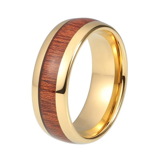 Gold Plated Tungsten Carbide Wedding Band Ring with Santos Rosewood Natural Wood Inlay - Innovato Store
