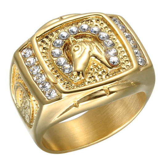 Hip Hop Horse Gold Plated Ring for Men with 12 Gemstones - Innovato Store