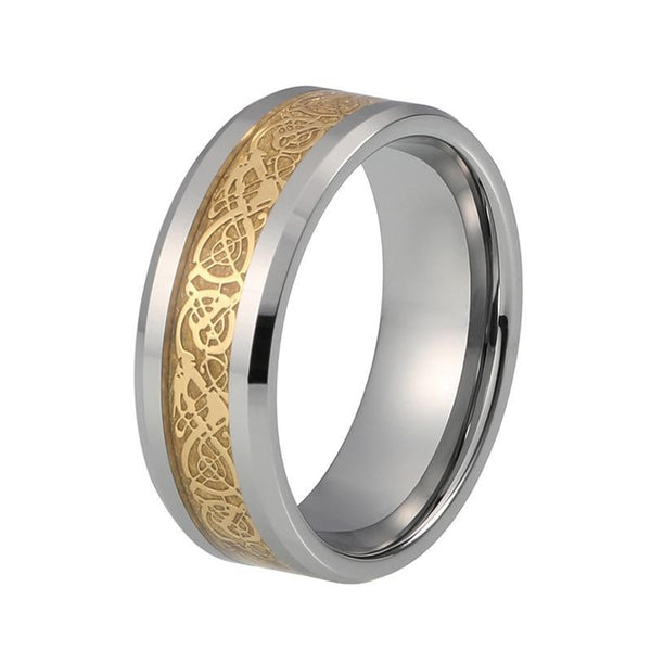 8mm Men’s Silver Plated Ring, Gold Tone Inlay Dragon Pattern Wedding Engagement Ring - Innovato Store