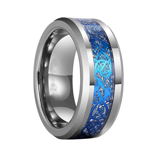 8mm Tungsten Carbide Blue Dragon over Imitated Meteorite Wedding Band - Innovato Store