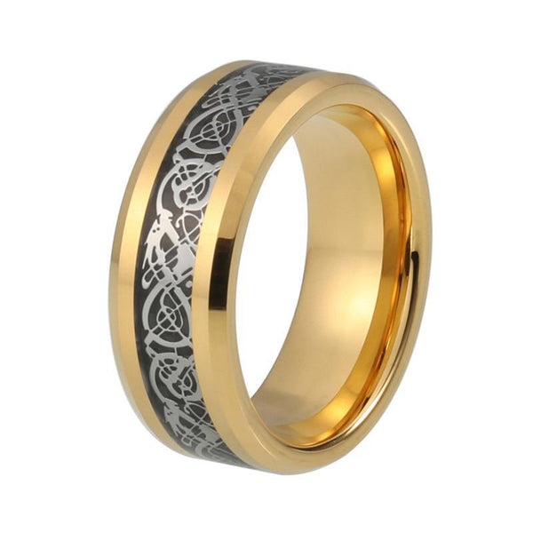 Gold Plated with Silver Dragon Design over Black Carbon Fiber Wedding Band - Innovato Store
