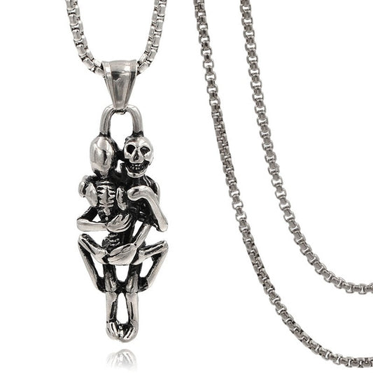 Stainless Steel Hugging Double Skeleton Pendant Necklace