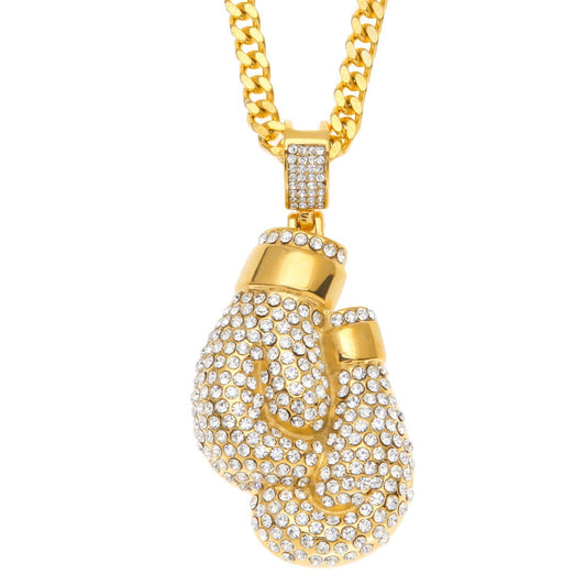 Hip Hop Gold Boxing Gloves with Rhinestone Crystals Pendant Necklace