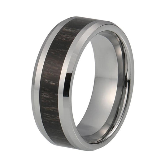 Silver Coated Tungsten Carbide with Dark Polished Koa Wood Inlay Wedding Band