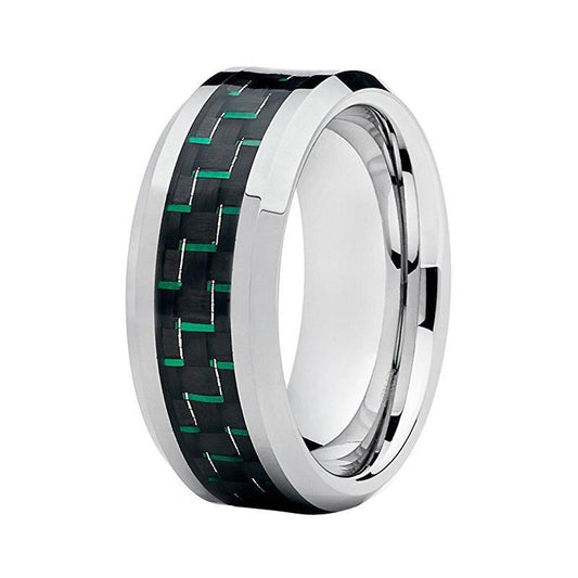 8mm Elegant Black Carbon Fiber Inlay with Green line and Silver Coated Tungsten Carbide Wedding Ring - Innovato Store