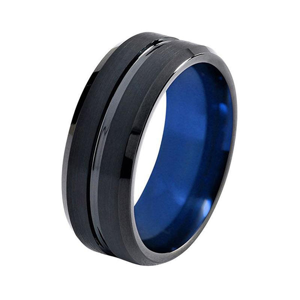 8mm Black Brushed Matte Surface with Groove and Blue Coated Tungsten Carbide Ring - Innovato Store