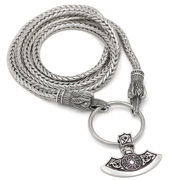 Silver Plated Link Chain Thor's Hammer with Raven Chain Pendant Necklace