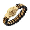 Black Genuine Leather with Gold and Silver Wolf Bracelet