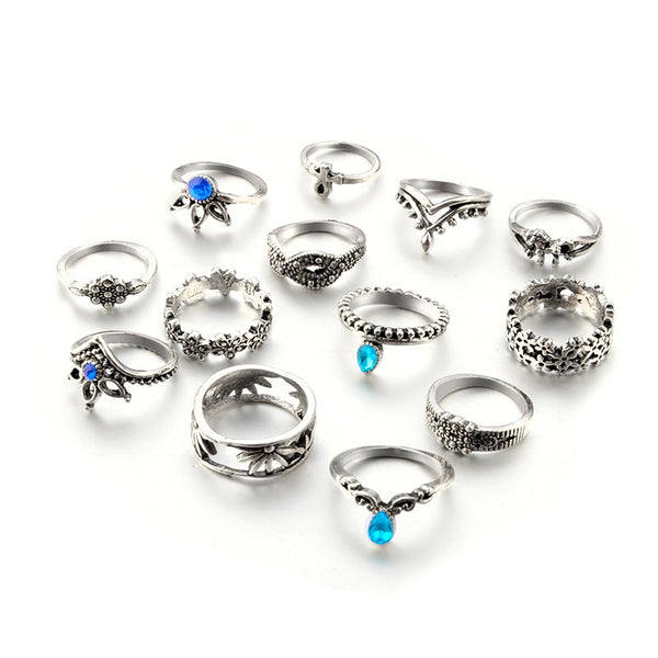 Antique Zinc Alloy Blue Rhinestone Knuckle 13 Pieces Bohemian Ring Set for Women with Crown Floral and Animal Design - Innovato Store