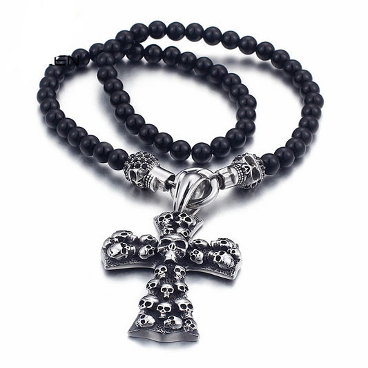 African Glass Beads Skulls on a Cross Pendant Necklace