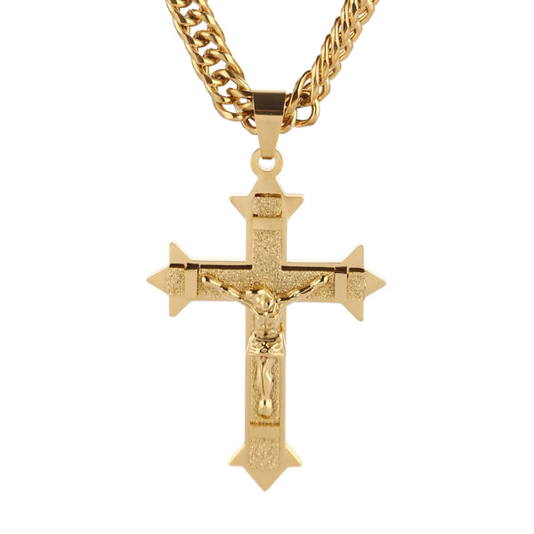 Rolo Chain Heavy Jesus Christ Cross Pendant Necklace