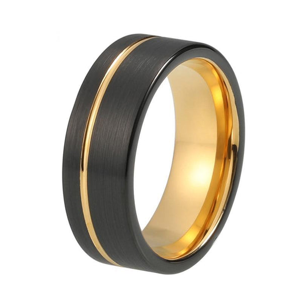 8mm Black Brushed Matte Offset with Gold Plated Groove Tungsten Carbide Ring - Innovato Store