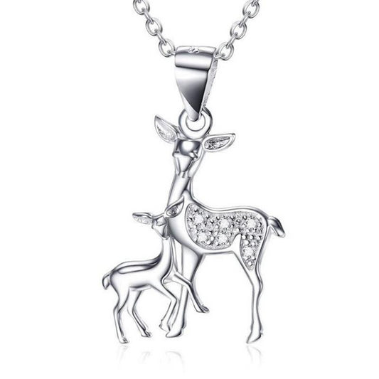 925 Sterling Silver Cubic Zirconia Mother and Child Deer Pendant Necklace