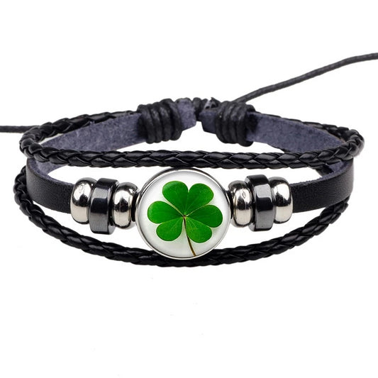 Lucky Clover Multi Layer Black Leather Bracelet