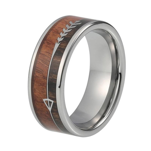 Two-Tone Wood Inlay with Ingrained Arrow Design Silver Coated Tungsten Carbide Wedding Ring